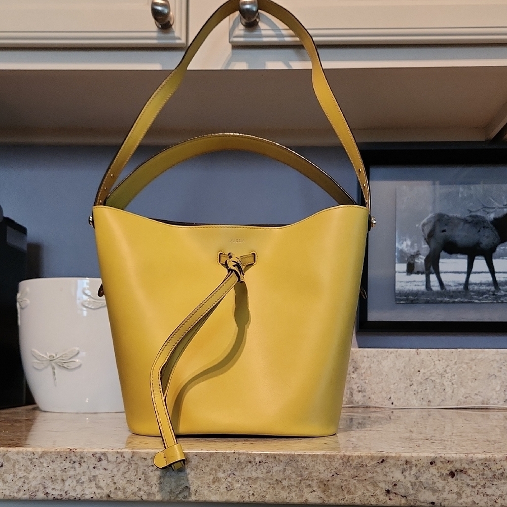 Yellow Furla Bucket Handbag , With Matching And Clip-in Pouch